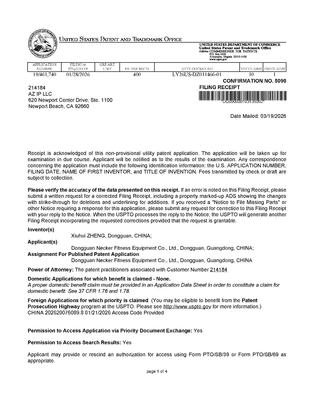 美国发明专利正式回执-颈椎增肌训练器